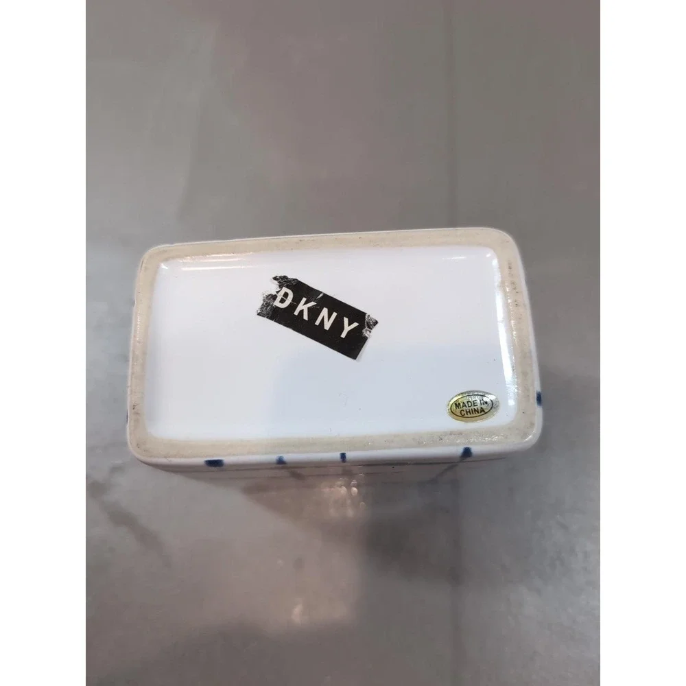 DKNY 3 Piece Ceramic Bath Set Blue Grid Soap Dispenser Toothbrush Holder Dish